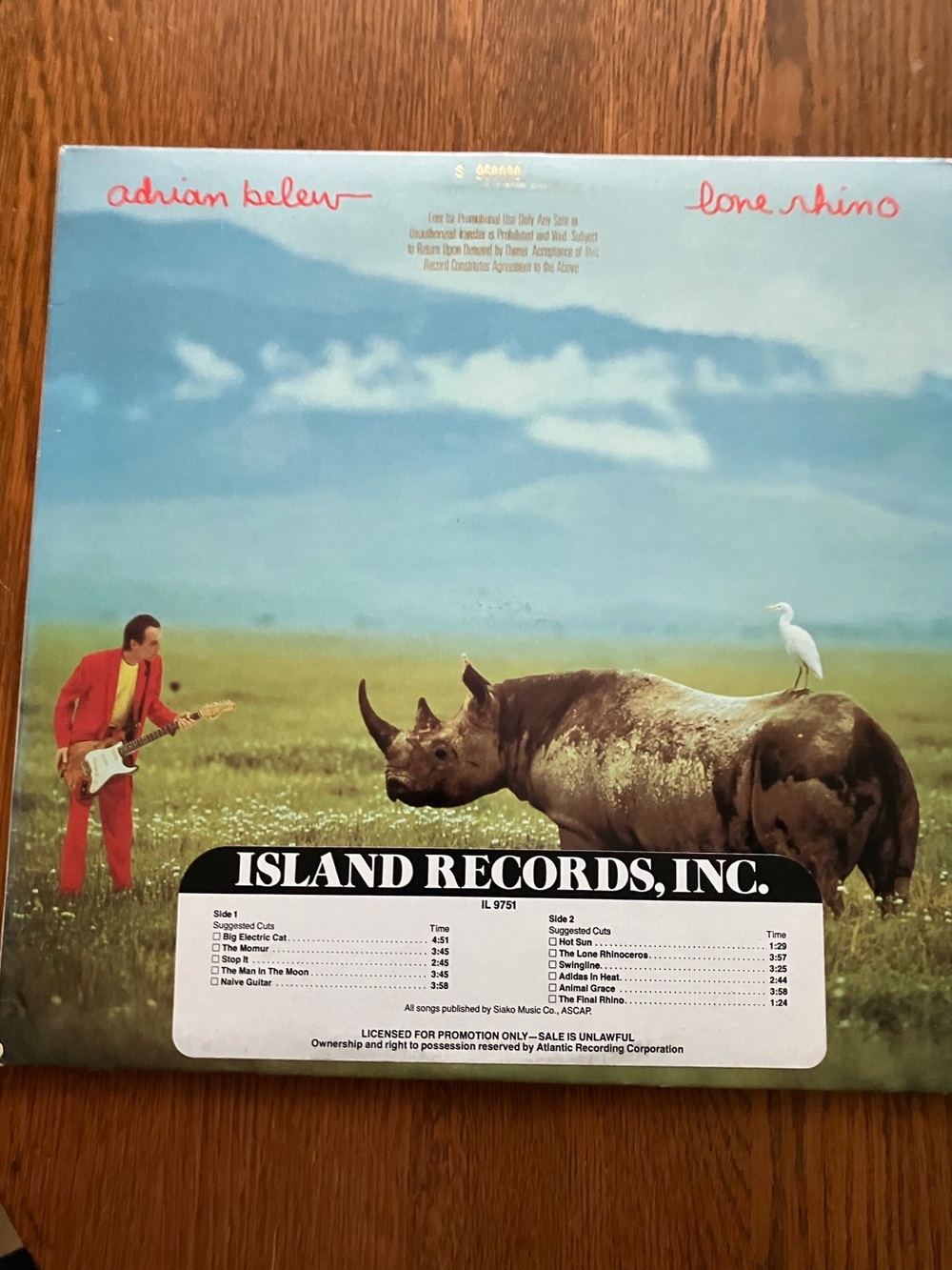 1982 Promo Release of Adrian Belew’s Solo Debut Album “Lone Rhino” Rare